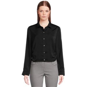 NOBO Women’s Black Cinch‎ Side Satin Long Sleeve Button Up Blouse Shirt Size XL